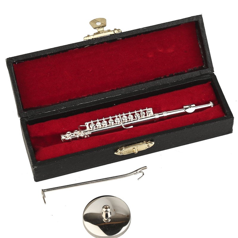 Dselvgvu Miniature Flute with Stand and Case Brass Mini Musical Instrument Flute Replica Collectible Figurines Dollhouse Accessories Model Home Decoration Display Ornament (Silver, 4.29") - Image 4